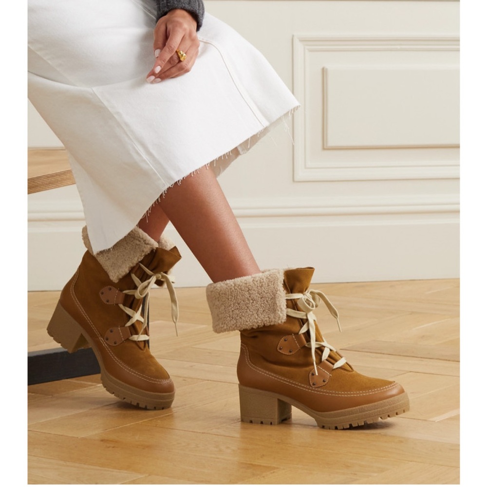 See By Chloe Tan Lace-Up Shearling Cuff Ankle Boots